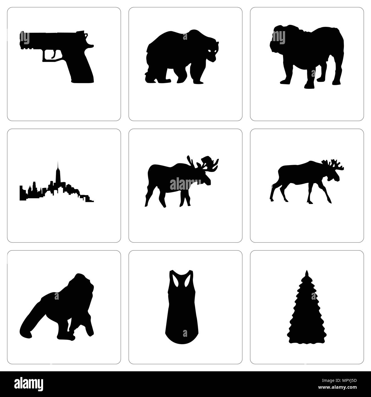 Satz von 9 einfache editierbare Ikonen wie Weihnachtsbaum, Tank Top, Gorilla, Elche, Bulldogge, Bär, Pistole, können für mobile, Web verwendet werden. Stock Vektor