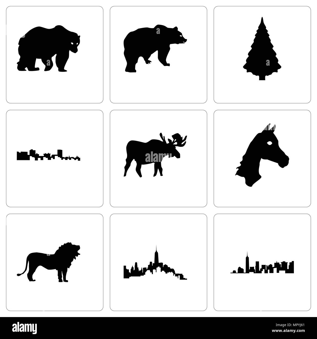 Satz von 9 einfache editierbare Ikonen wie Löwe, Pferd, Gesicht, Elche, Kuba, Weihnachtsbaum, Bär, können für mobile, Web verwendet werden. Stock Vektor