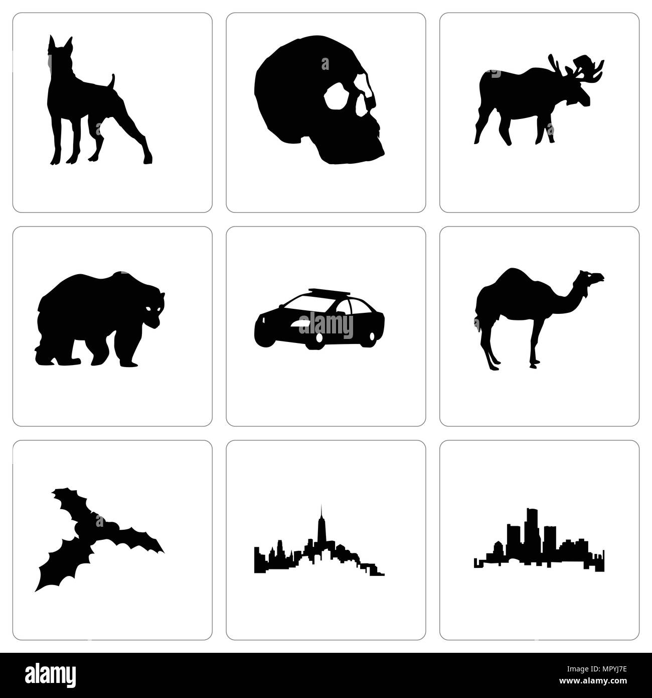 Satz von 9 einfache editierbare Ikonen wie Michigan State, Mistel, Camel, Polizeiauto, Bär, Elch, Schädel, Boxer, können für mobile, Web verwendet werden. Stock Vektor