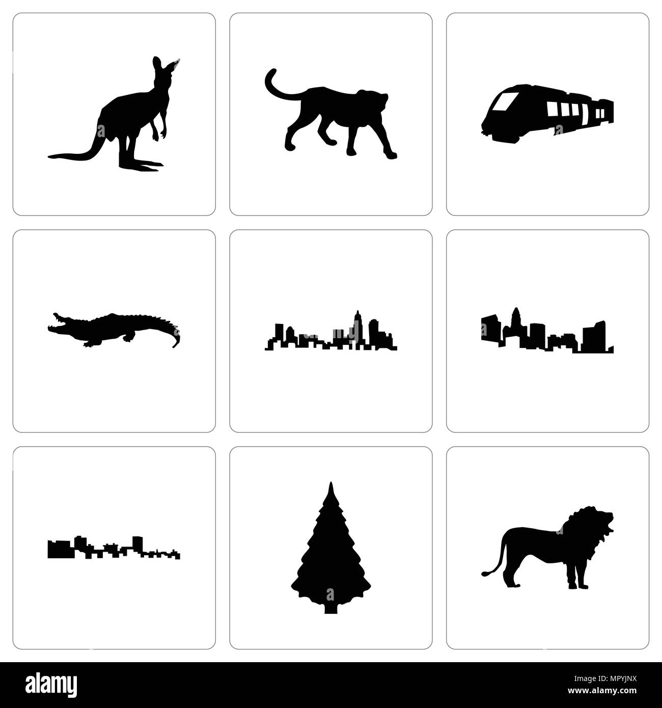 Satz von 9 einfache editierbare Ikonen wie Löwe, Weihnachtsbaum, Kuba, North Carolina State, Alligator, Zug, cheetah, Känguru, können für mobile verwendet werden, Stock Vektor