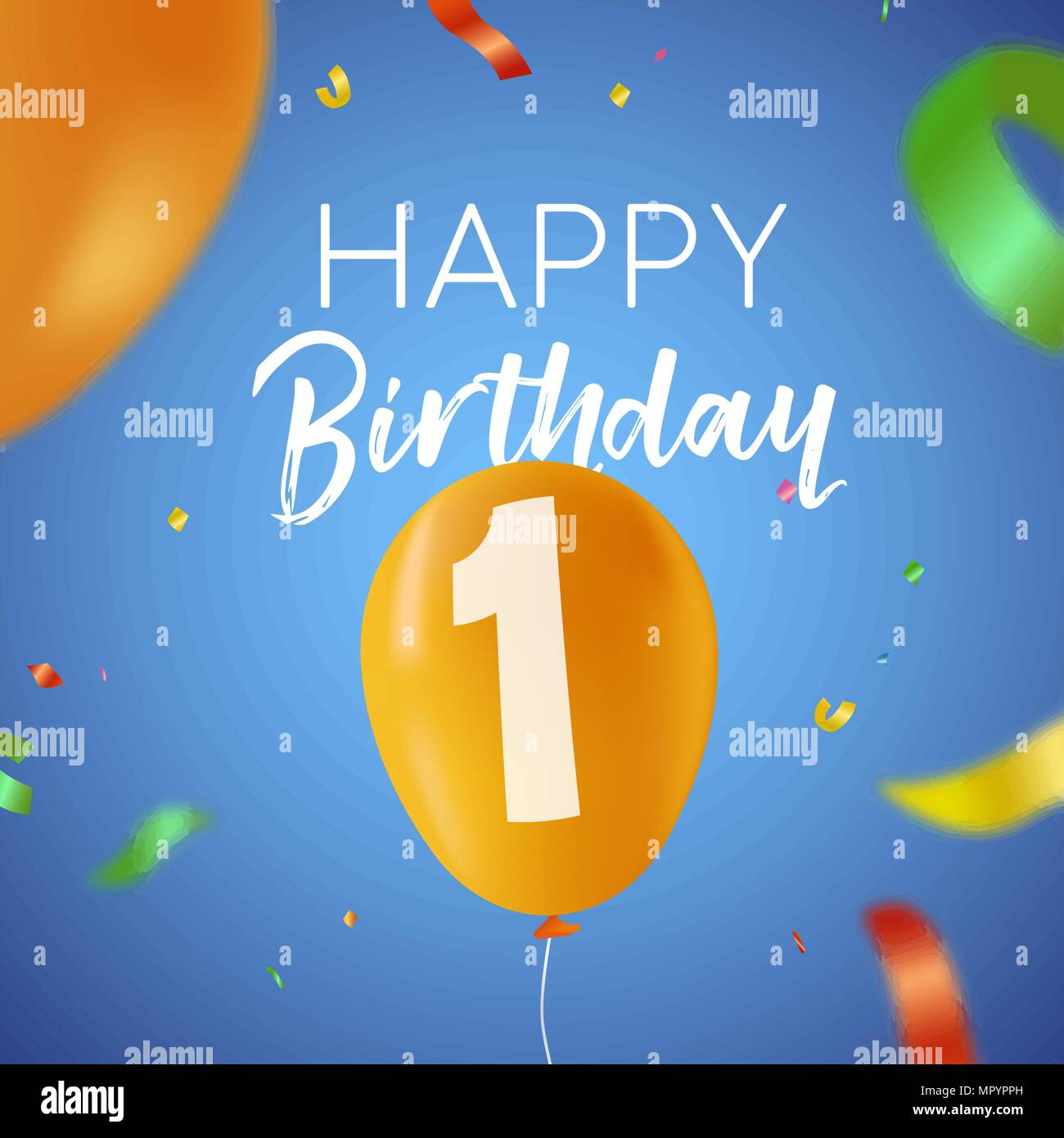 Happy Birthday 1 ein Jahr Spaß Design mit Ballon Anzahl und bunte Konfetti Dekoration. Ideal für Party Einladung oder Grußkarte. EPS 10 Vektor. Stock Vektor