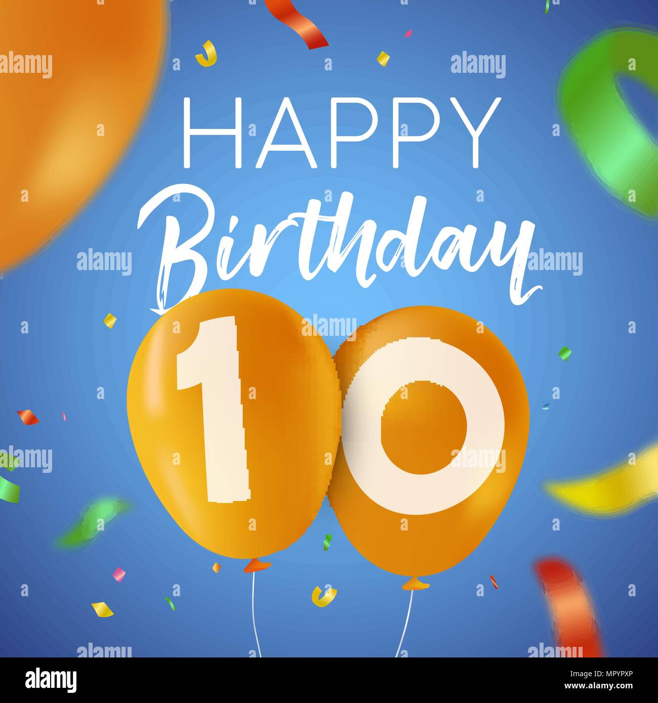 Happy Birthday 10 Jahre Spaß Design mit Ballon Anzahl und bunte Konfetti Dekoration. Ideal für Party Einladung oder Grußkarte. EPS 10 Vektor Stock Vektor