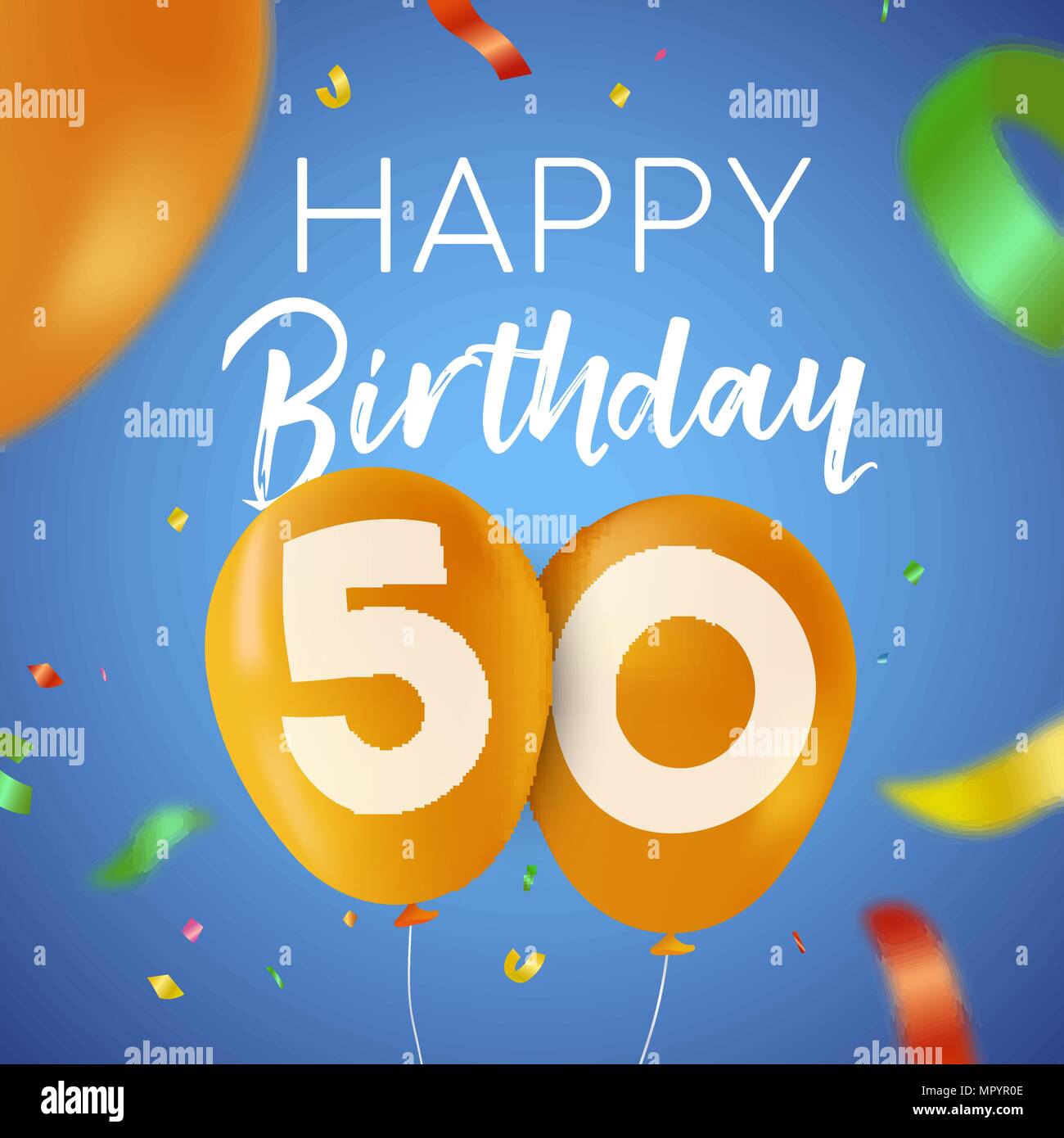 Happy Birthday 50 50 Jahre Spaß Design mit Ballon Anzahl und bunte Konfetti Dekoration. Ideal für Party Einladung oder Grußkarte. EPS 10 vect Stock Vektor