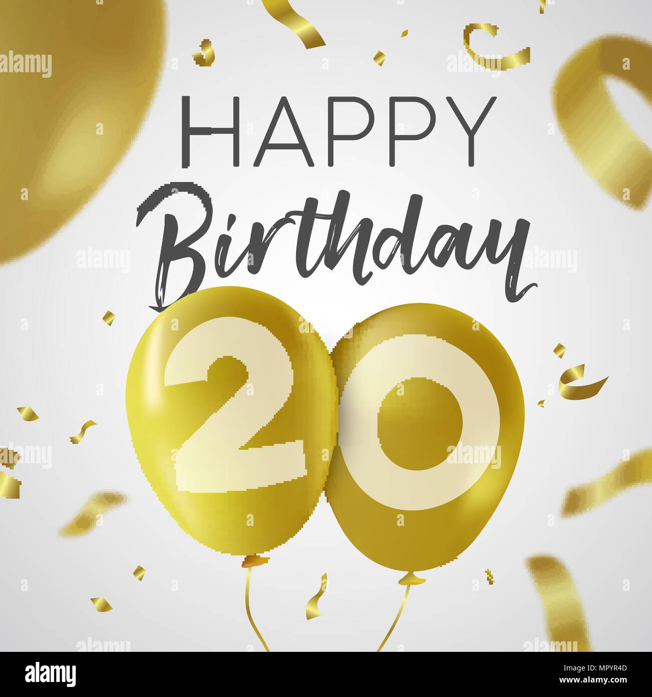 Happy Birthday 20 zwanzig Jahre, Luxus Design mit Gold Ballon Anzahl und golden Konfetti Dekoration. Ideal für Party Einladung oder Grußkarte. EP Stock Vektor