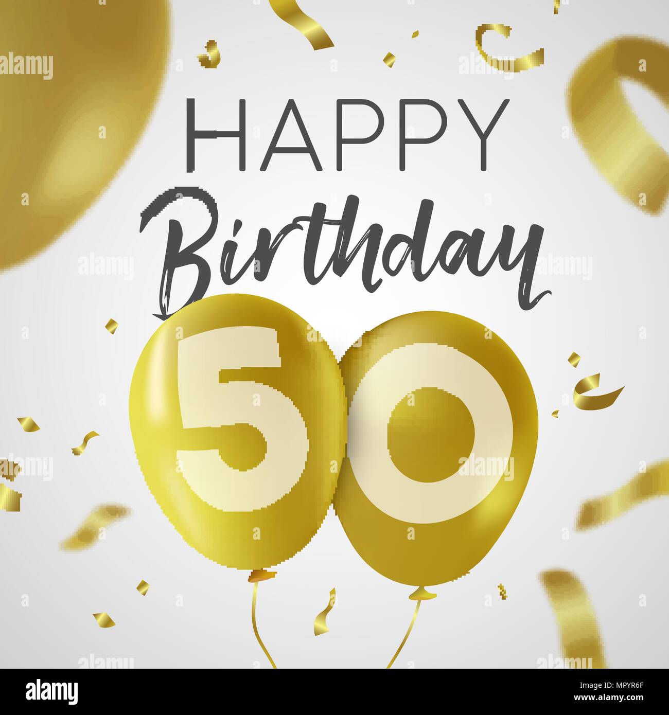 Happy Birthday 50 fünfzig Jahre, Luxus Design mit Gold Ballon Anzahl und golden Konfetti Dekoration. Ideal für Party Einladung oder Grußkarte. EPS Stock Vektor