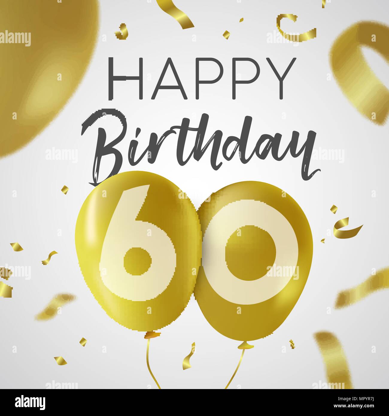 Happy Birthday 60 sechzig Jahre, Luxus Design mit Gold Ballon Anzahl und golden Konfetti Dekoration. Ideal für Party Einladung oder Grußkarte. EPS Stock Vektor