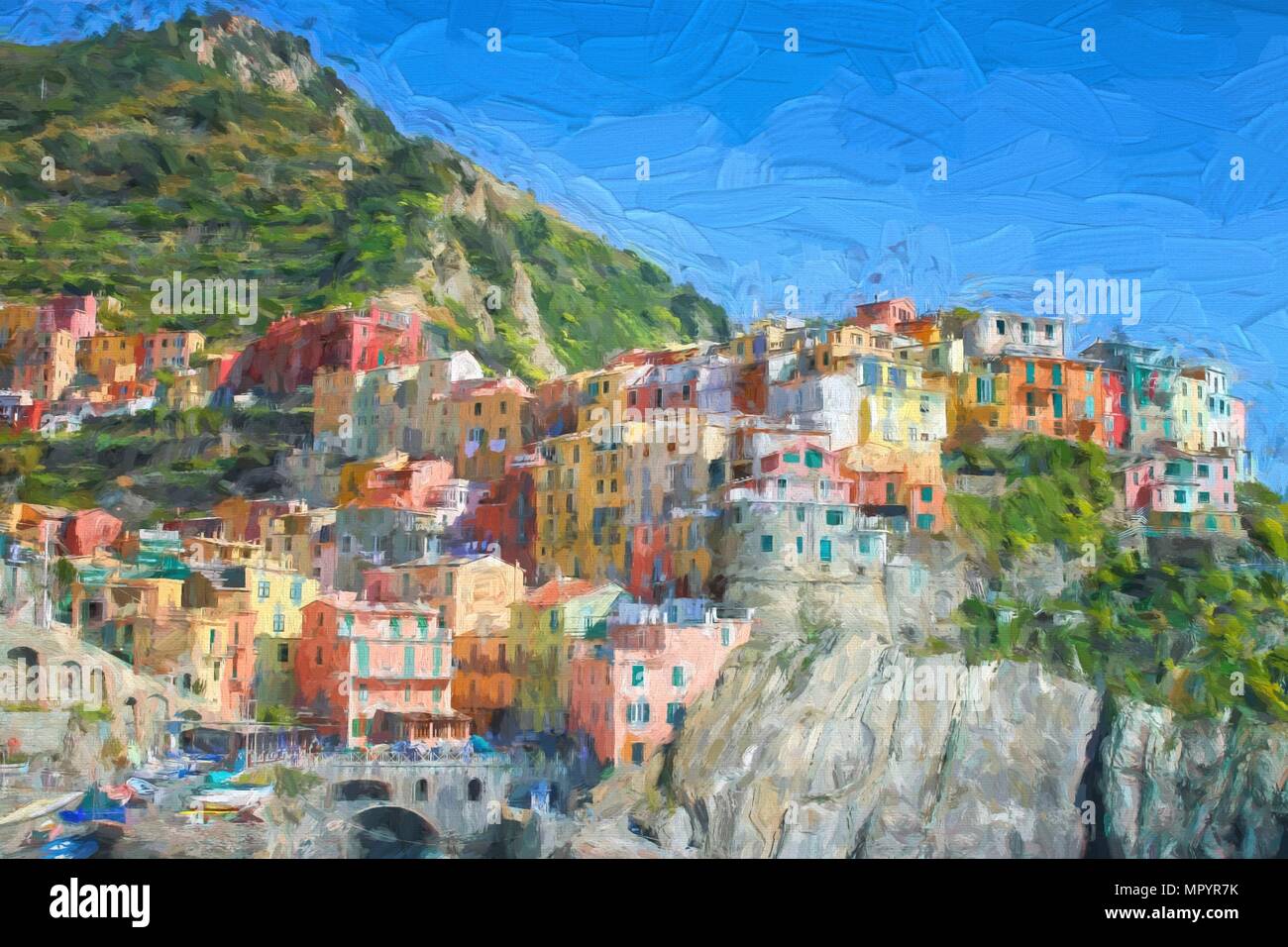 Schöne Stadt von Corniglia in Cinqueterre in Italien mit vielen bunten Häusern thront auf einer Klippe Stockfoto