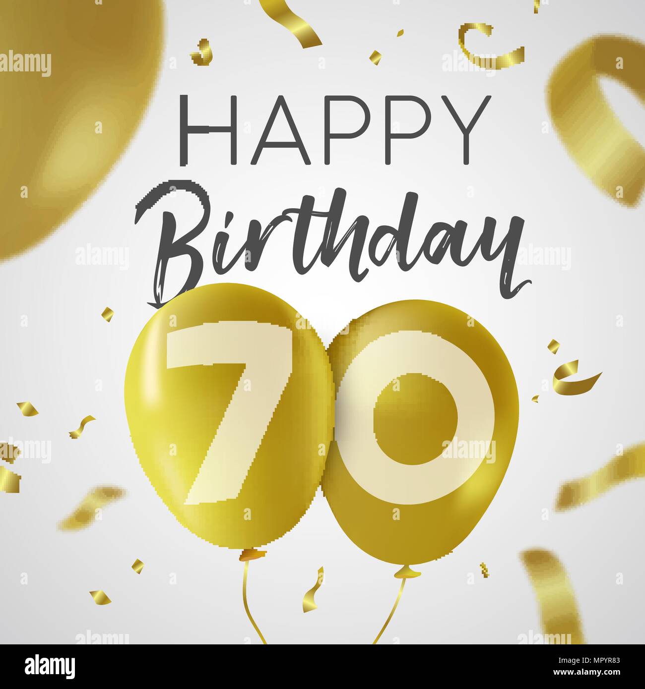 Happy Birthday 70 siebzig Jahre, Luxus Design mit Gold Ballon Anzahl und golden Konfetti Dekoration. Ideal für Party Einladung oder Grußkarte. E Stock Vektor