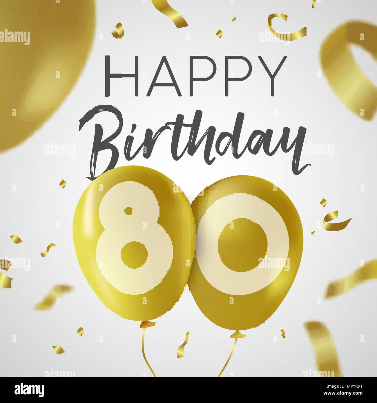 Happy Birthday 80 achtzig Jahre, Luxus Design mit Gold Ballon Anzahl und golden Konfetti Dekoration. Ideal für Party Einladung oder Grußkarte. EP Stock Vektor