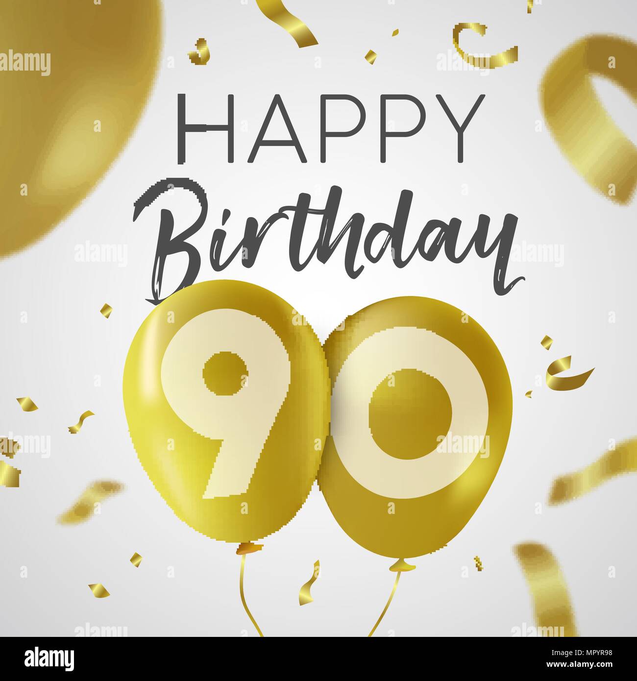 Happy Birthday 90 neunzig Jahre Luxus Design mit Gold Ballon Anzahl und golden Konfetti Dekoration. Ideal für Party Einladung oder Grußkarte. EP Stock Vektor