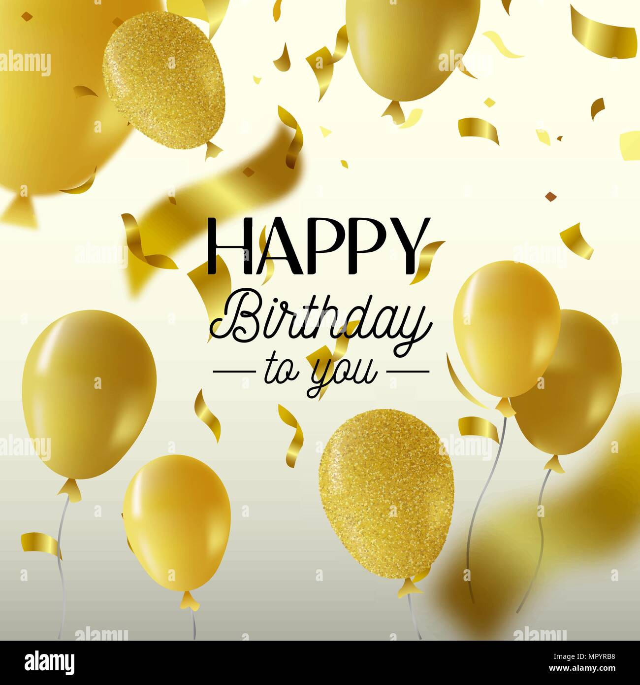 Herzlichen Glückwunsch zum Geburtstag Grußkarte oder Party Einladung. Luxus Design mit gold Ballons, Text zitieren und golden Konfetti Dekoration. EPS 10 Vektor. Stock Vektor