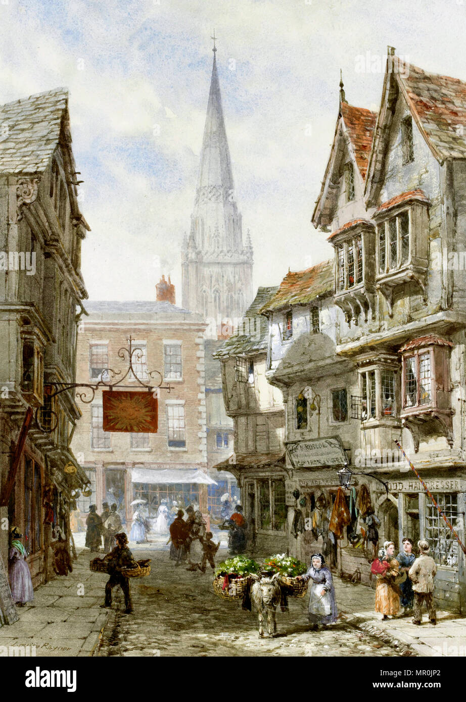 Minster Street, Salisbury. Unterzeichnet Louise Rayner. Aquarell und Gouache, 1924 Stockfoto