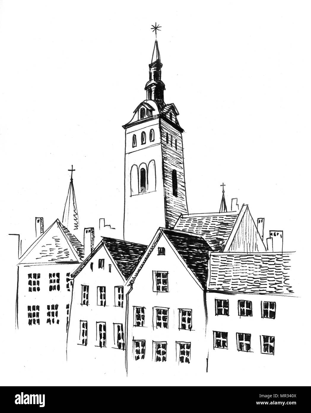 Alte europäische Stadt. Tinte schwarz und weiß Skizze Stockfoto