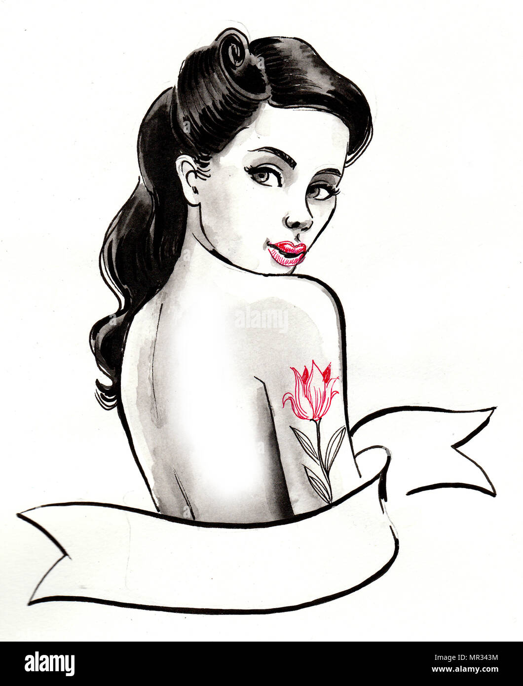 Hübsche Frau mit einem Tulipe tattoo Stockfoto