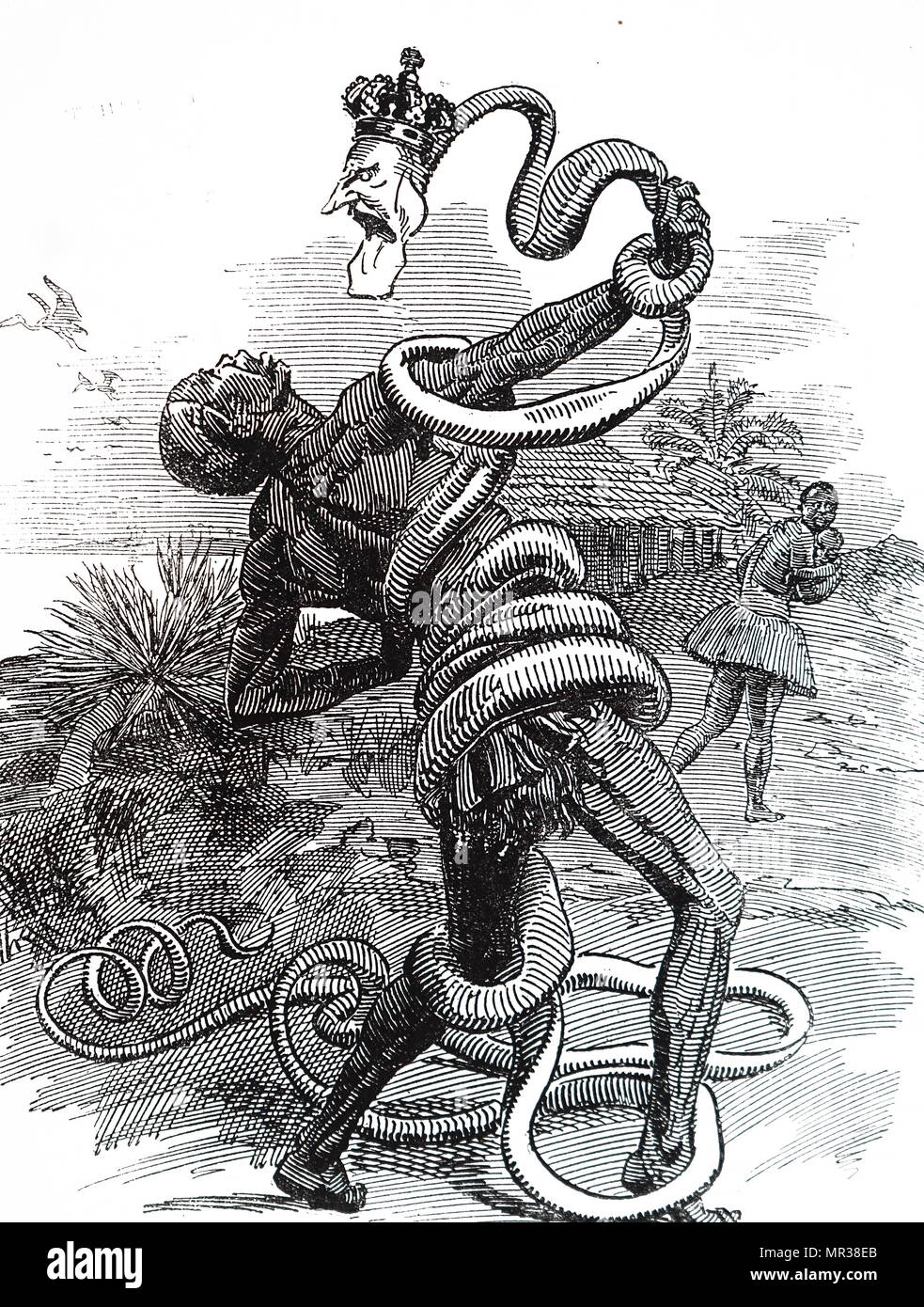 Satirische Karikatur, die König Leopold II. von Belgien (1835-1909) zusammendrücken, seine Untertanen in der Freistaat Kongo (Zaire) bis zum Tod. Nach Exposition gegenüber Ausbeutung der lokalen Arbeitsmärkte, 1908 Belgien im Anhang das Gebiet und die Bedingungen leicht aus, wenn Sie unter Persönliche Leopold die Regel war und als die Belgisch Kongo bis Unabhängigkeit verbessert. Vom 20. Jahrhundert Stockfoto