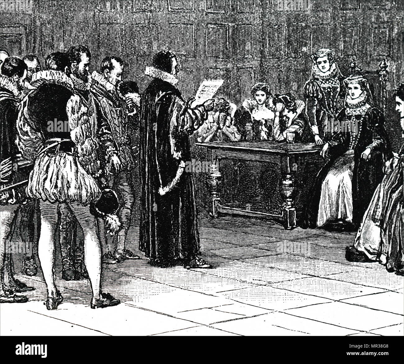 Gravur, Mary, Königin der Schotten ihre Strafe empfangen. Maria, Königin von Schottland (1542-1587), auch bekannt als Maria Stuart oder Maria I, in Schottland von 1542-1567 regierte. Sie war schuldig der Verschwörung zur Ermordung der Königin Elizabeth I in 1586 und wurde im folgenden Jahr enthauptet gefunden. Vom 16. Jahrhundert Stockfoto