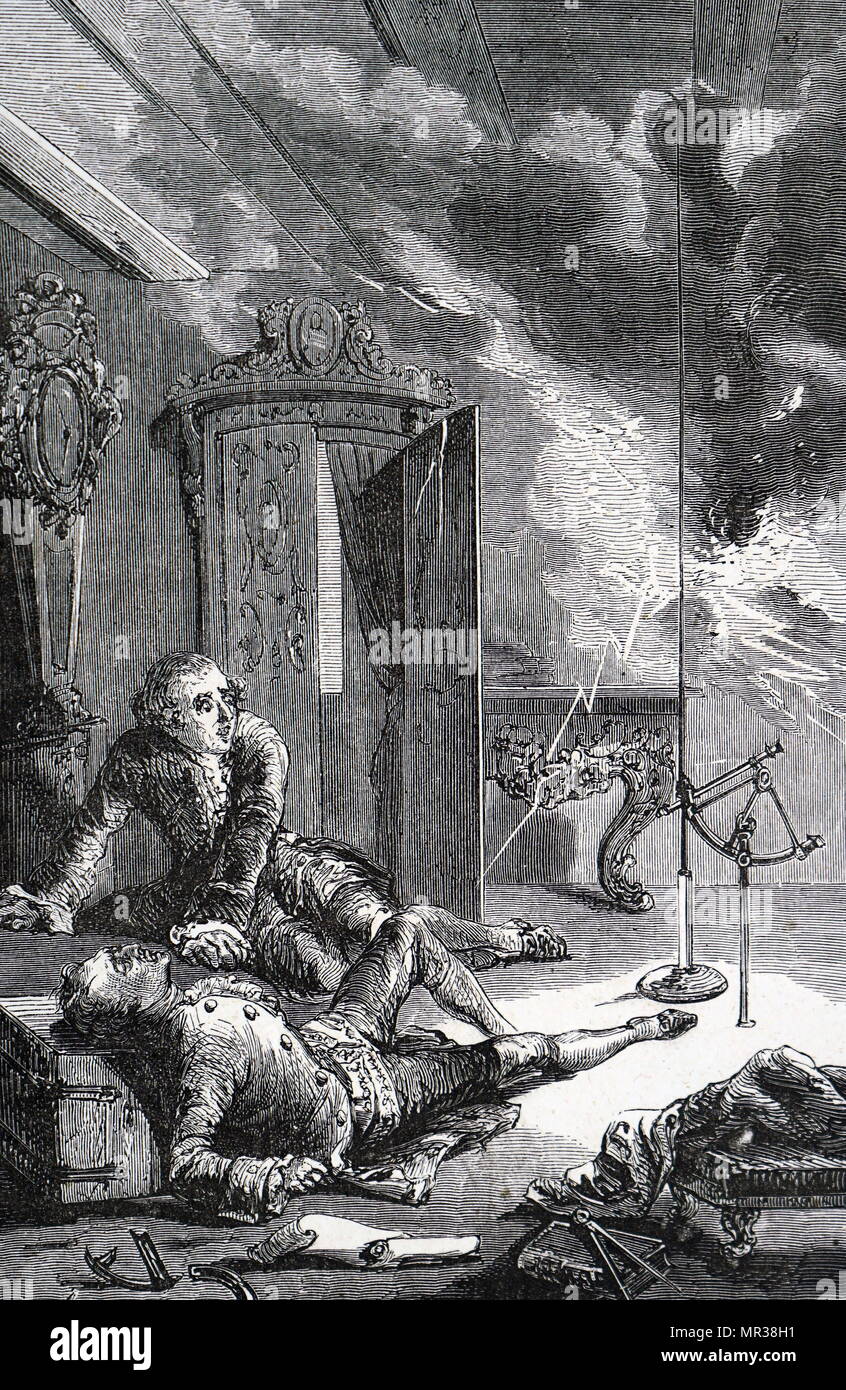 Gravur Darstellung Georg Richmann von getötet, während wiederkehrende Benjamin Franklins Experiment auf die elektrische Natur der Blitz: Durch einen Feuerball getroffen. Georg Wilhelm Richmann (1711-1753) einen Baltischen deutschen Physiker, der bewies, dass Gewitterwolken elektrische Ladung enthalten. Vom 19. Jahrhundert Stockfoto