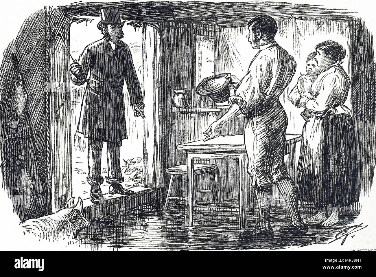 Cartoon, der einen Vermieter, die Miete aus seinem Mieter, die kein Geld zu sammeln. Vom 19. Jahrhundert Stockfoto