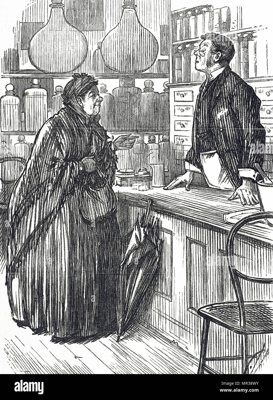 Cartoon von einer Frau an einem 19. Jahrhundert britische Apotheke, im Gespräch mit dem Apotheker. 1887 Stockfoto