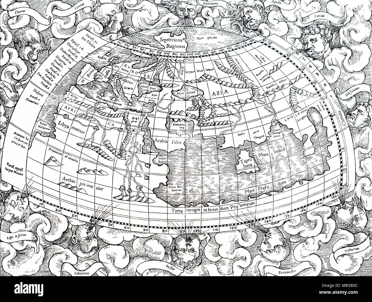 Ptolemäus aus Alexandria Karte der damals bekannten Welt Claudius Ptolemäus (100-168) war ein griechisch-römischen Mathematiker, Astronom, Geograph, Astrologin, und Dichter. Vom 19. Jahrhundert Stockfoto