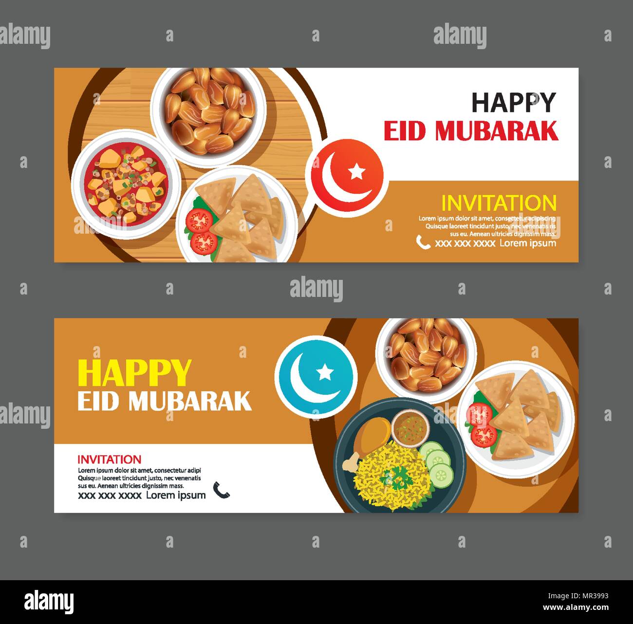 Eid Mubarak Einladungen Grußkarte und Banner mit Essen Hintergrund. Ramadan Kareem Vector Illustration. Verwenden Sie für Deckel, Poster, Flyer, brochur Stock Vektor