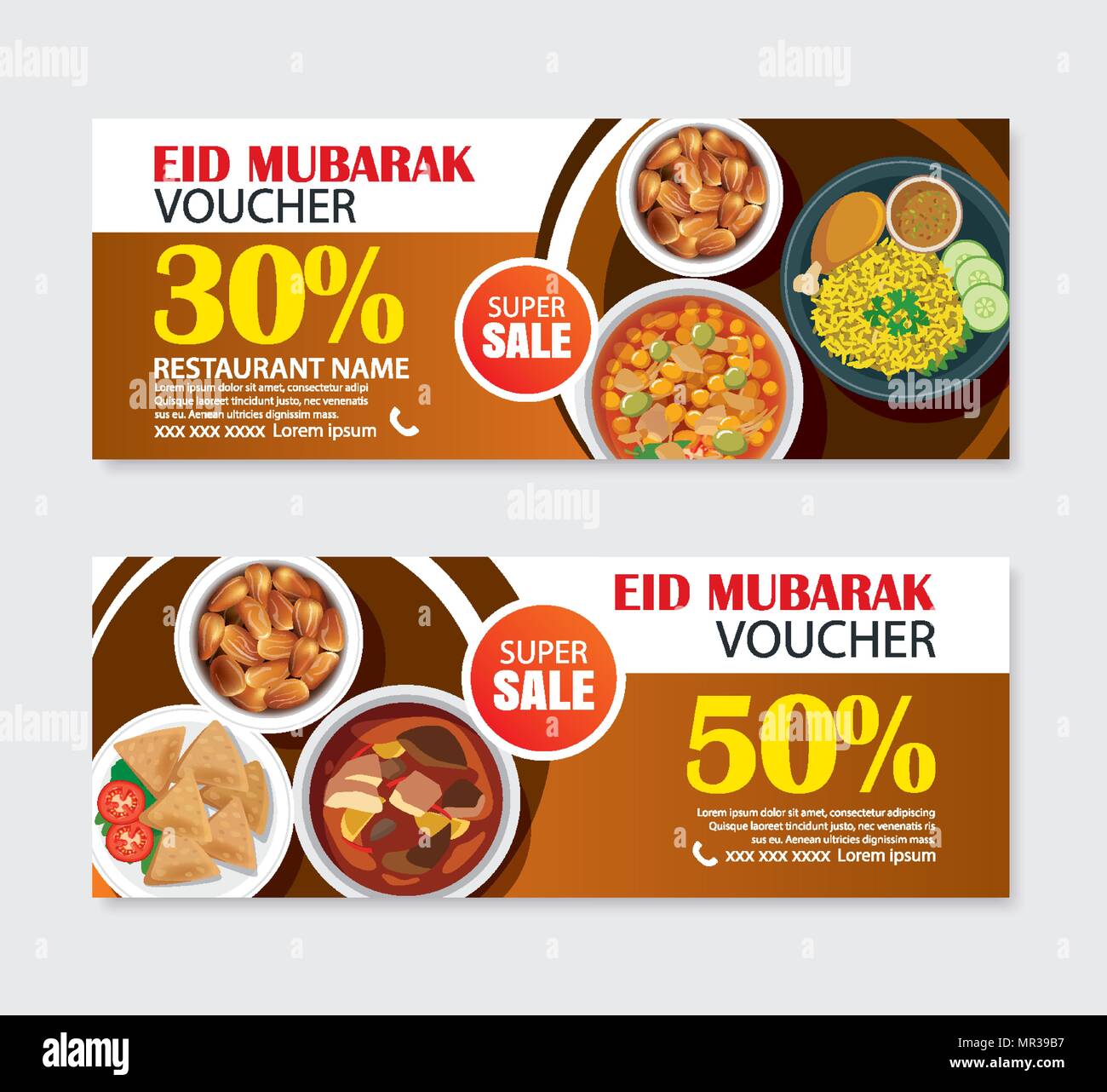 Eid Mubarak Verkauf banner Gutschein mit Essen Hintergrund. Ramadan Kareem Vector Illustration. Verwenden Sie für Cover, Plakat, Flyer, Broschüre, Label, Coupon emplat Stock Vektor