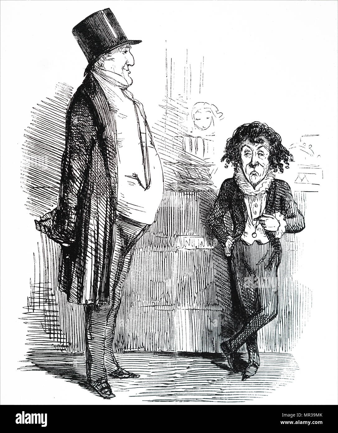Cartoon, Sir Robert Peel mit Benjamin Disraeli. Peel, der stark von Disraeli für die Aufhebung der Korngesetze kritisiert worden war, wird gezeigt, Disraeli, was er in der neuen Sitzung des Parlaments zu tun. Sir Robert Peel (1788-1850) ein britischer Staatsmann, der ehemalige Premierminister, ehemaliger Innenminister und der Vater der modernen Britischen Polizeiarbeit und der modernen konservativen Partei. Benjamin Disraeli (1804-1881) ein britischer Staatsmann der Konservativen Partei und ehemaliger Ministerpräsident. Vom 19. Jahrhundert Stockfoto