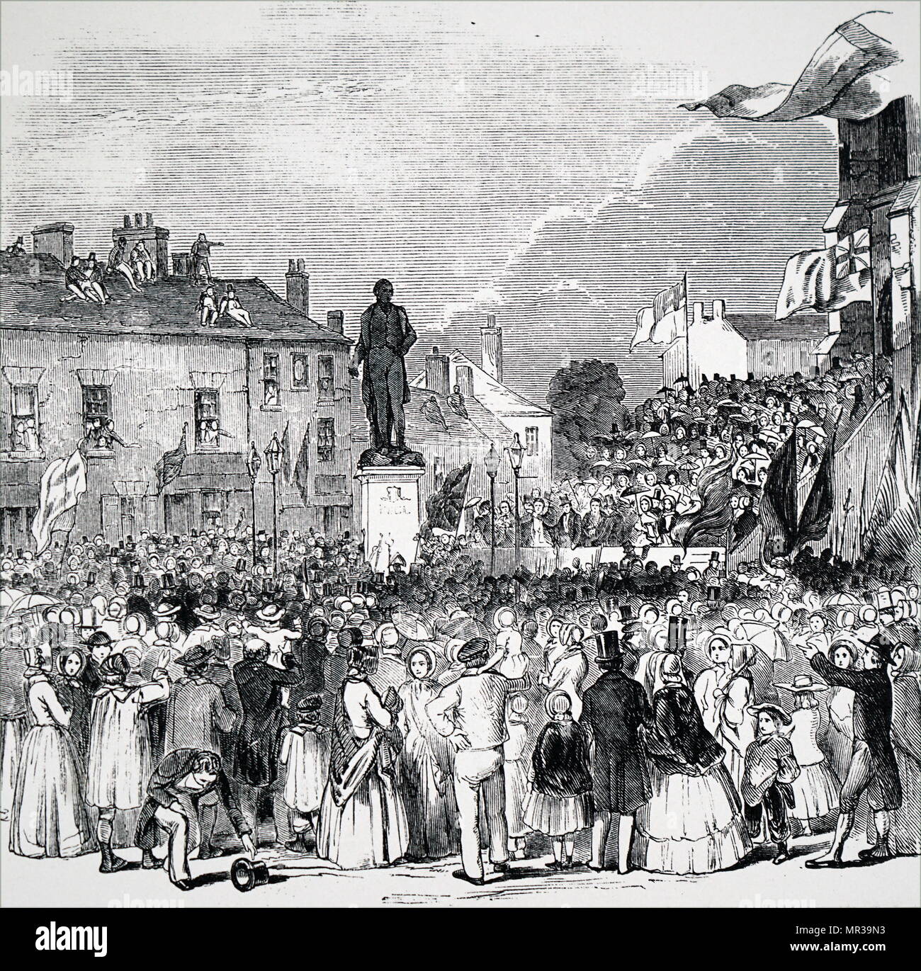 Kupferstich mit der Darstellung der Einweihung einer Statue von Sir Robert Peel. Sir Robert Peel (1788-1850) ein britischer Staatsmann, der ehemalige Premierminister, ehemaliger Innenminister und der Vater der modernen Britischen Polizeiarbeit und der modernen konservativen Partei. Vom 19. Jahrhundert Stockfoto