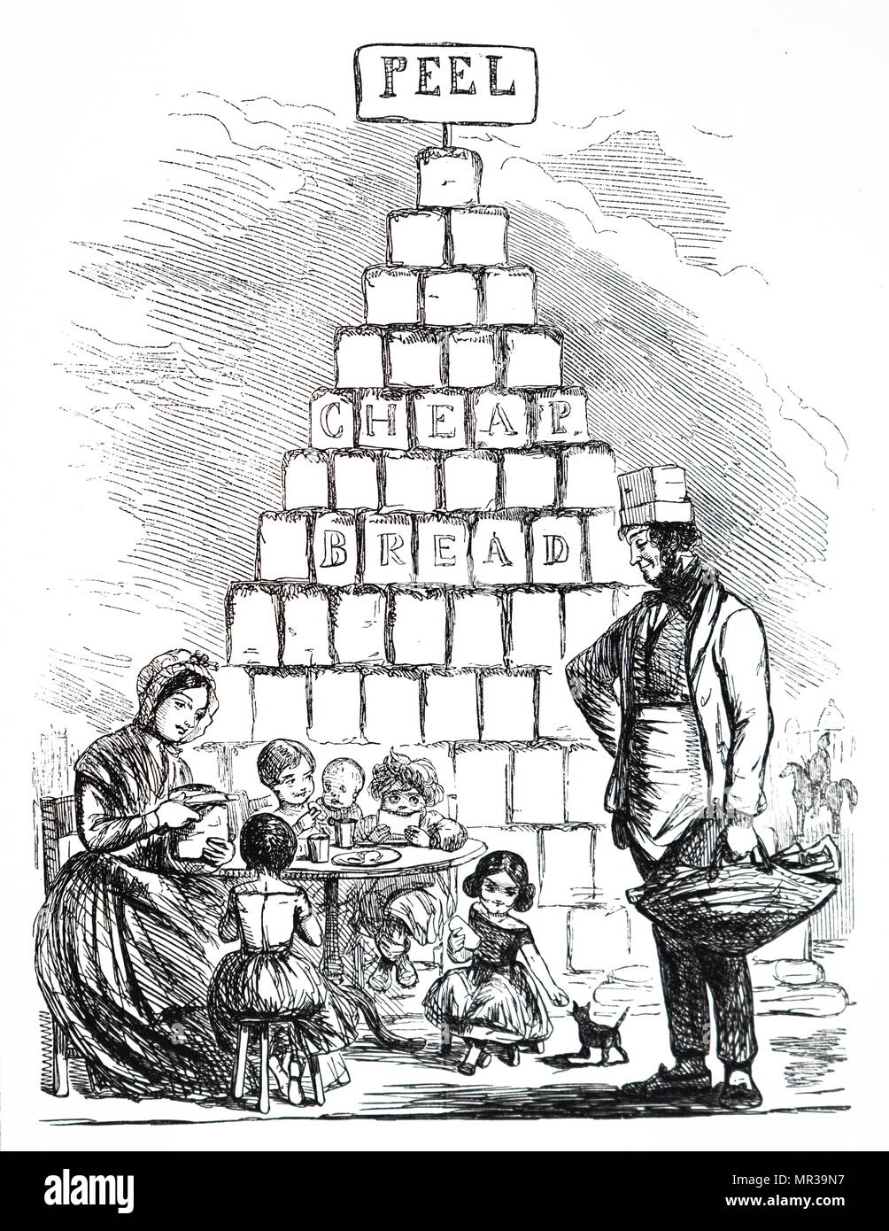 Cartoon Darstellung des Punch Denkmal für Sir Robert Peel, der den Mais Gesetze von 1846 aufgehoben. Sir Robert Peel (1788-1850) ein britischer Staatsmann, der ehemalige Premierminister, ehemaliger Innenminister und der Vater der modernen Britischen Polizeiarbeit und der modernen konservativen Partei. Vom 19. Jahrhundert Stockfoto