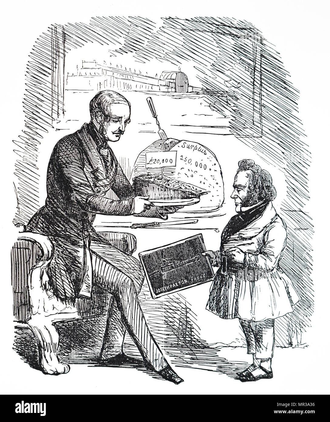 Cartoon, Prince Albert übergabe Joseph Paxton ein £ 20.000 Stück 'Solid Pudding" aus dem Überschuss aus der großen Ausstellung. Albert, Prinzgemahl (1819-1861) Der Mann und Gemahl von Königin Victoria. Joseph Paxton (803-1865) ein englischer Gärtner, Architekt und Mitglied des Parlaments, die den Crystal Palace. Vom 19. Jahrhundert Stockfoto