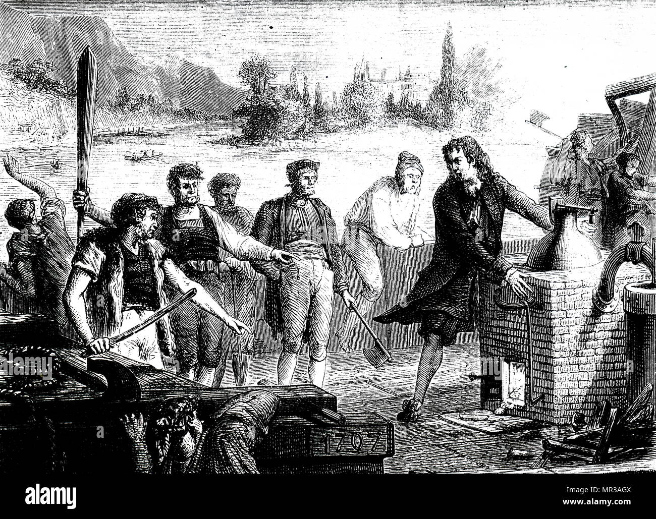 Gravur, schiffer von der Weser zerstören Dampf Denis Papin des Motors. Denis Papin (1647-1713), ein französischer Physiker, Mathematiker und Erfinder. Vom 19. Jahrhundert Stockfoto