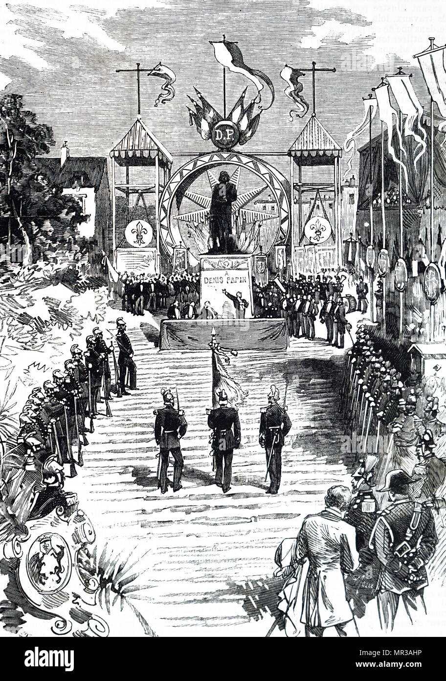 Kupferstich mit der Darstellung der Enthüllung der Statue des Denis Papin in Blois, Frankreich. Denis Papin (1647-1713), ein französischer Physiker, Mathematiker und Erfinder. Vom 19. Jahrhundert Stockfoto