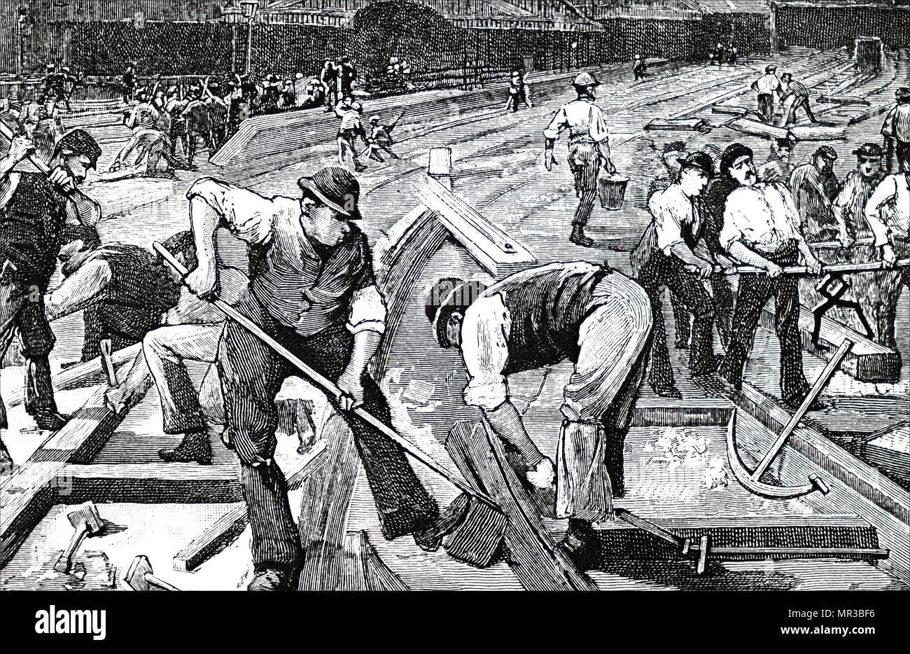 Gravur Darstellung in Arbeit an der Plymouth Bahnhof, auf der Linie von einem breiten Manometer an den standard Gauge ändern. Vom 19. Jahrhundert Stockfoto