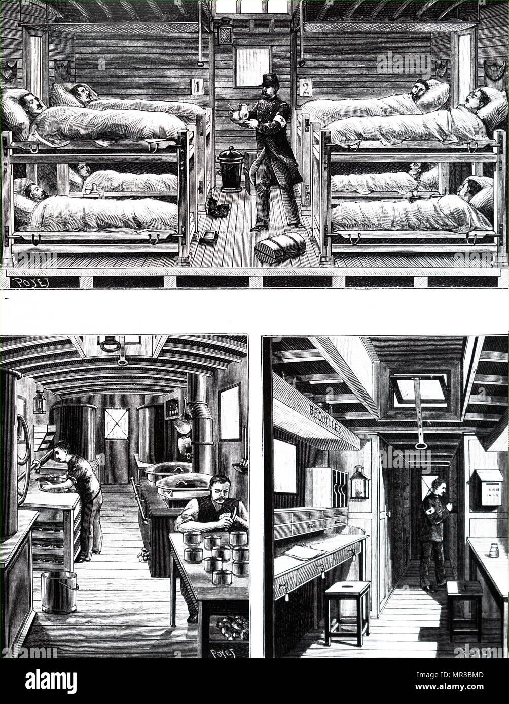 Gravur, die das Innere eines französischen Lazarett ausbilden. Top: Patienten, die durch einen Sanitäter besucht wird. Unten: Küche und Apotheke. Vom 19. Jahrhundert Stockfoto