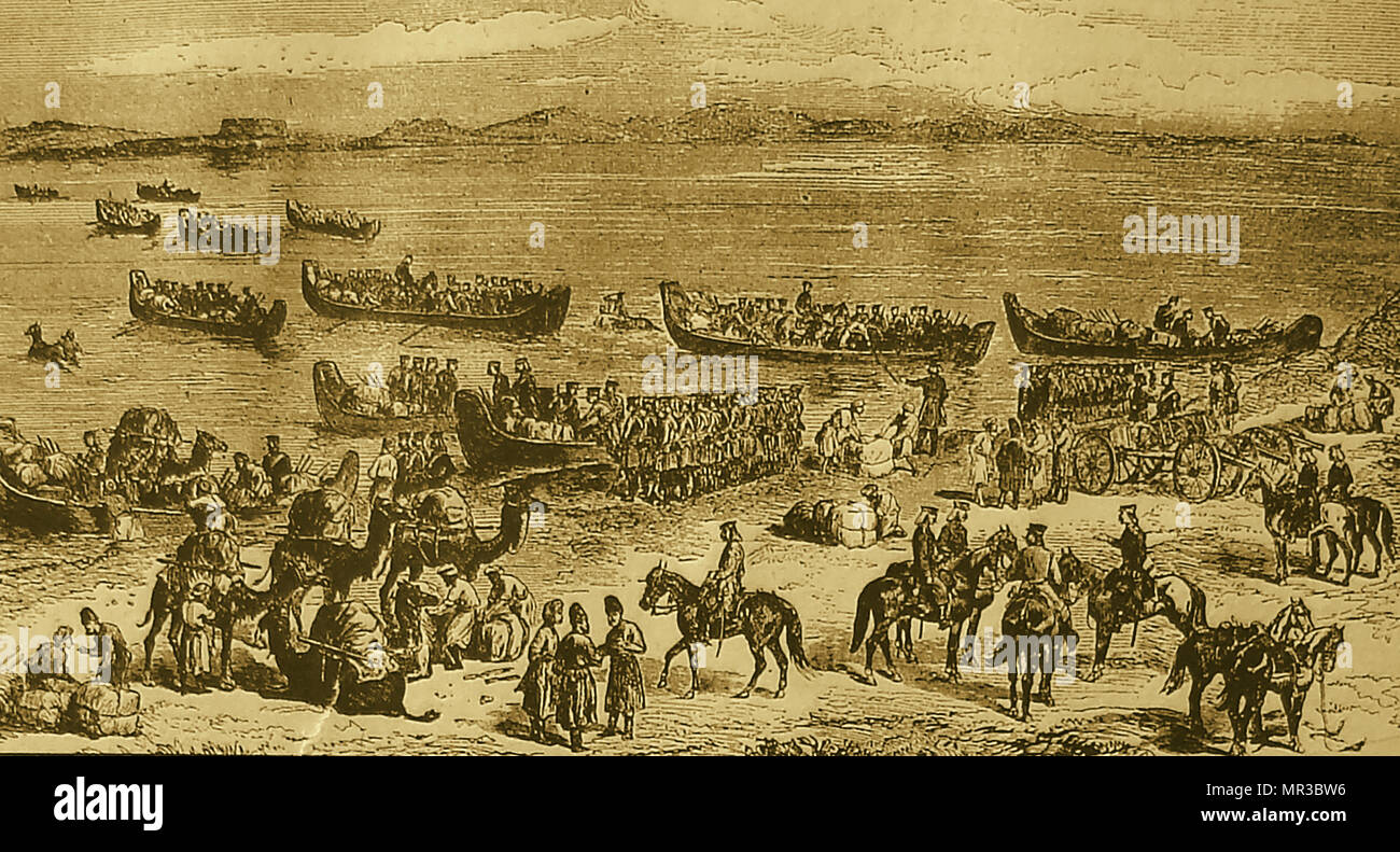 Ein 1907 Bild mit Russischen Ausstellung nach Chiwa Überquerung des Flusses Oxus 1873 Stockfoto