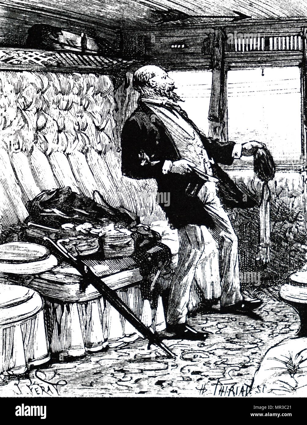 Kupferstich mit der Darstellung eines Reisenden erleben die Wirkung von Westinghouse Druckluftbremse. Vom 19. Jahrhundert Stockfoto