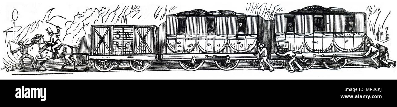 Cartoon, ein Pferd Ziehen einer verlorenen Zug entlang einer Spur. Vom 19. Jahrhundert Stockfoto