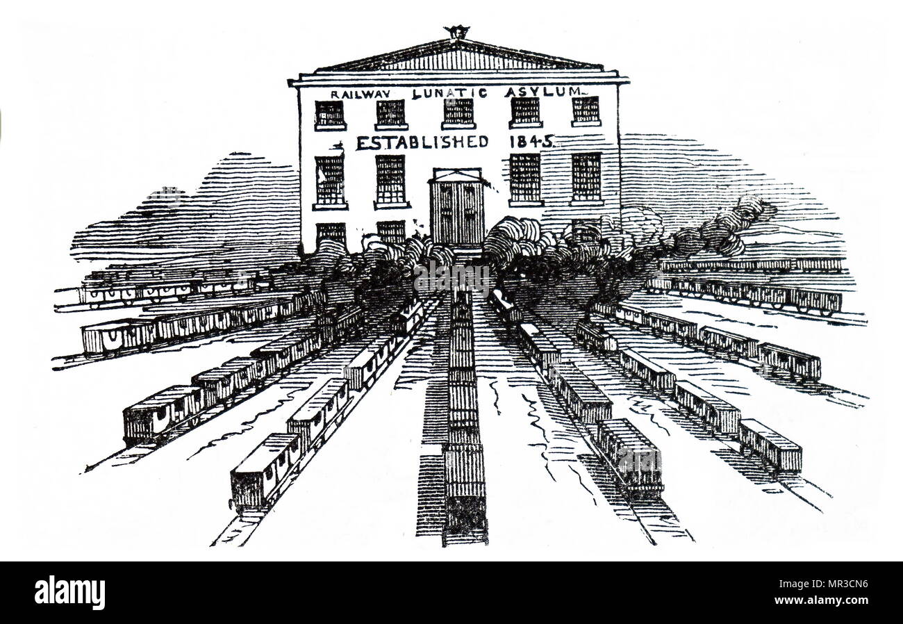 Cartoon, chaotischen Schienenverkehr als mehrere Züge Kopf für ein einzelnes Terminal im Vergleich zu einer Irrenanstalt. Vom 19. Jahrhundert Stockfoto