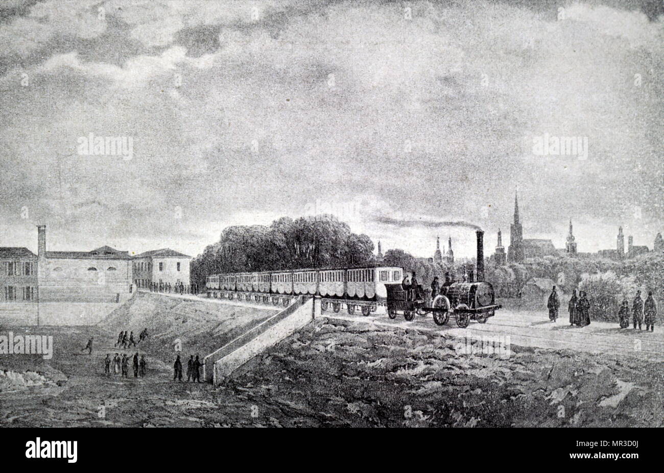 Abbildung: Darstellung der ersten Dampfeisenbahn in Österreich. Der Zug ist gesehen, von Wien bis Wagram auf dem Kaiser Ferdinand Service der Bahn. Vom 19. Jahrhundert Stockfoto