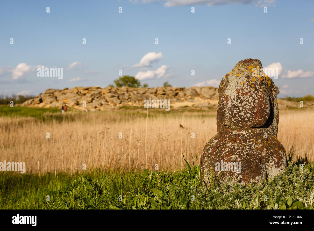 Historische skythischen Denkmäler genannt Kurgan Stelen stehen in der Natur gegen helles grünes Gras, blauer Himmel mit Wolken Stockfoto
