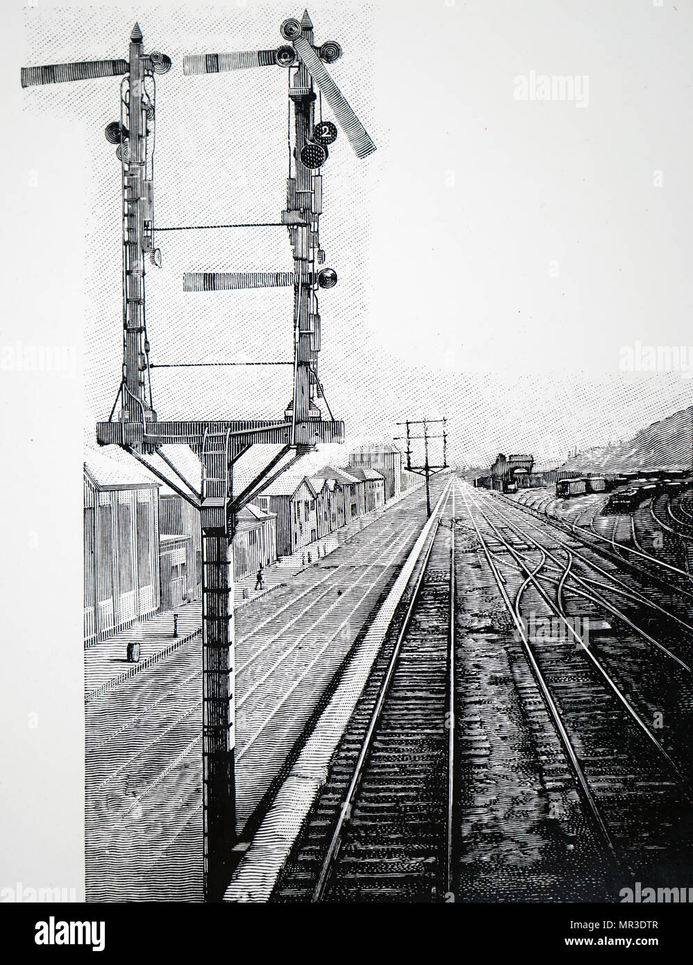 Abbildung: Darstellung einer Semaphore Signal in einem amerikanischen Eisenbahn. Ein Arm regelt das mehreren Tracks, die Nummer der Spur, die sich deutlich auf die Anzeige der Festplatte angezeigt wird. Die Position wurde mit der Klinge bei 60 Grad im unteren Quadranten. Vom 19. Jahrhundert Stockfoto