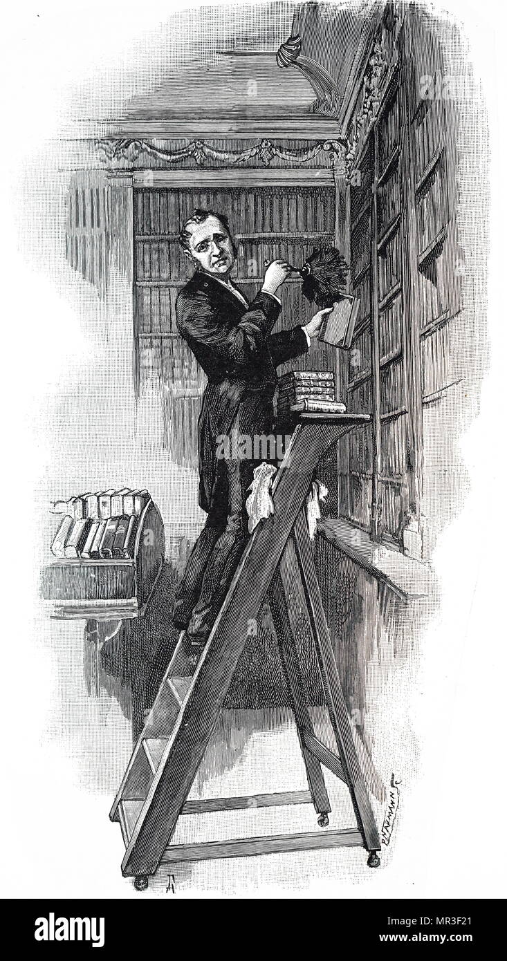 Abbildung: Darstellung einer Butler abstauben Bücher in der Bibliothek der Familie. Vom 19. Jahrhundert Stockfoto