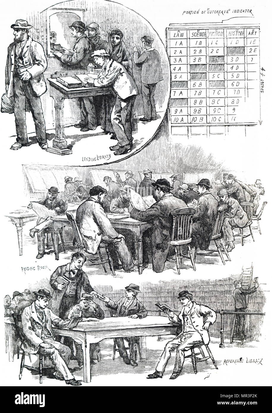 Abbildung: Darstellung einer Samstag Nacht in eine freie Bibliothek. Diese wurden in Großbritannien nach der Verabschiedung des Freien Libraries Act von 1850 festgelegt. Vom 19. Jahrhundert Stockfoto