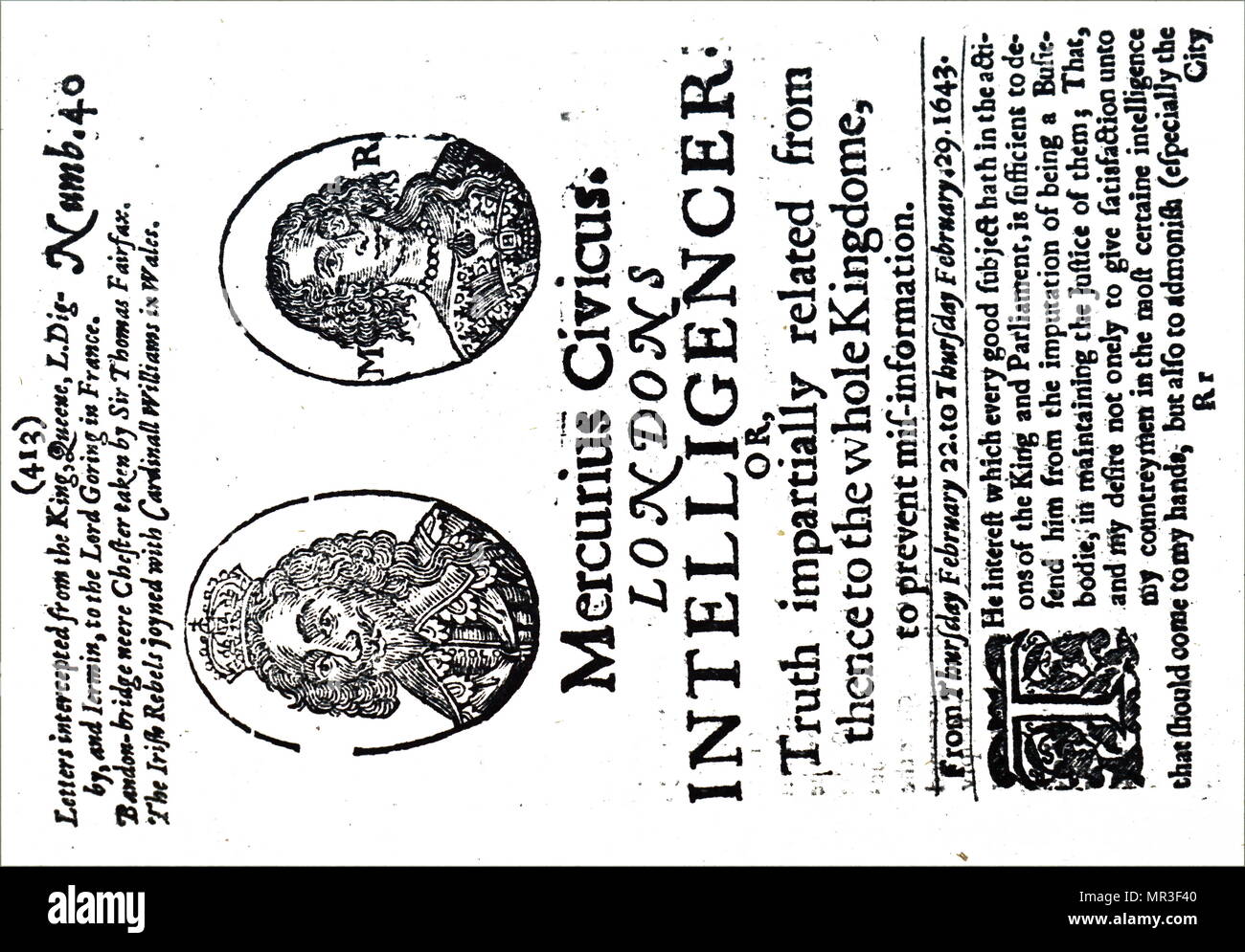 Titelseite der Mercuris Civicus, der Londoner Intelligencer. Vom 17. Jahrhundert Stockfoto