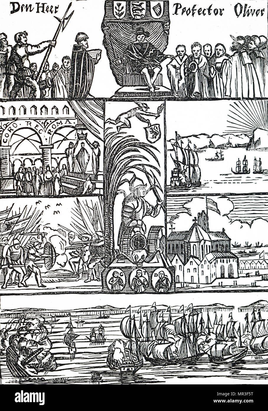 Seite von einer niederländischen Zeitung Hollandsche Mercurius, Oliver Cromwell, als Lord Protector. Oliver Cromwell (1599-1658) eine Englische militärische und politische Führer und später Lord Protector des Commonwealth von England, Schottland und Irland. Vom 17. Jahrhundert Stockfoto