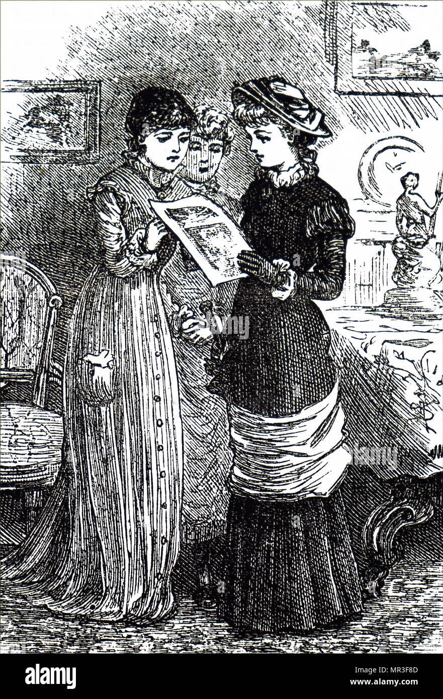 Abbildung zeigt drei junge Damen das Lesen einer Zeitschrift. Vom 19. Jahrhundert Stockfoto