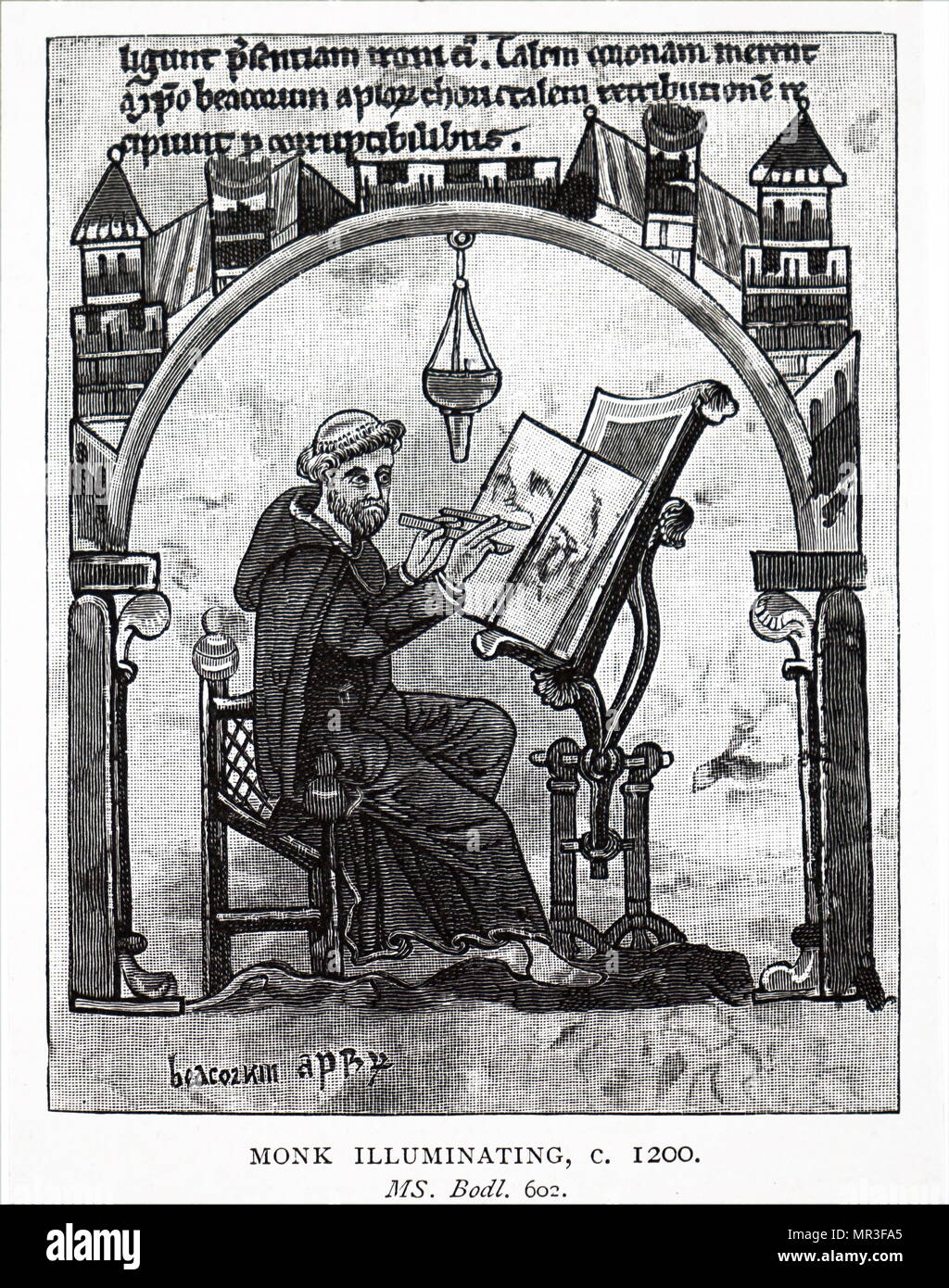 Kupferstich mit der Darstellung eines Mönch leuchtenden ein Manuskript. Vom 13. Jahrhundert Stockfoto