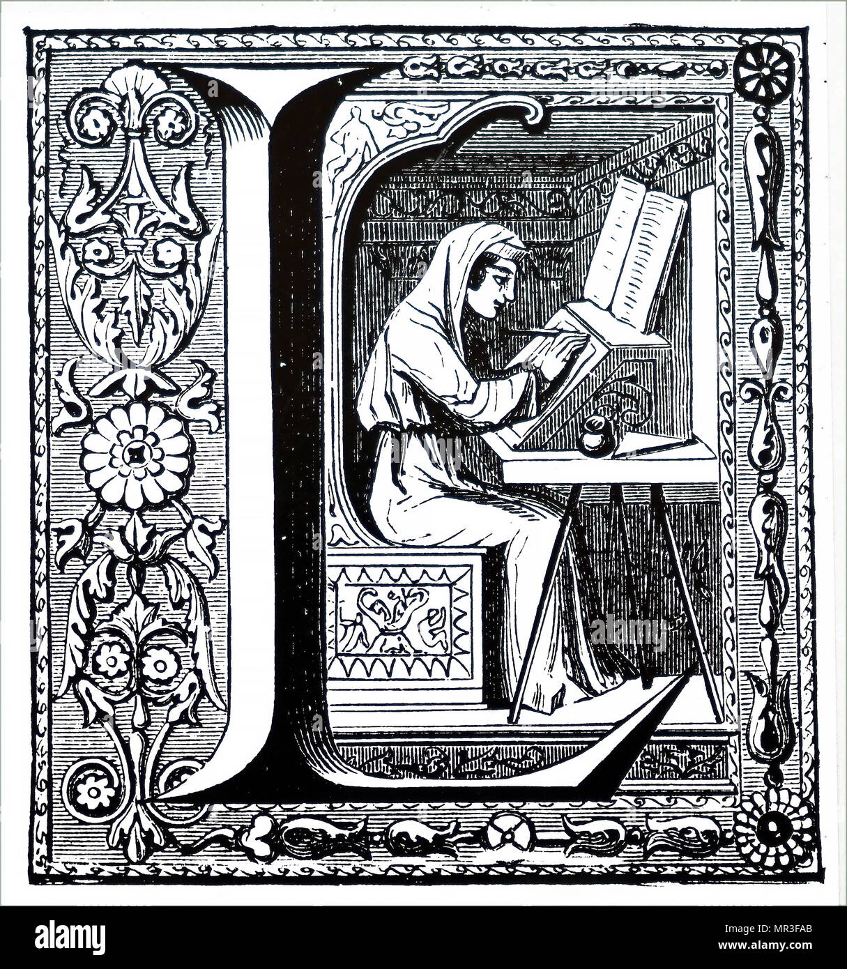 Kupferstich mit der Darstellung eines Mönch leuchtenden ein Manuskript. Vom 14. Jahrhundert Stockfoto