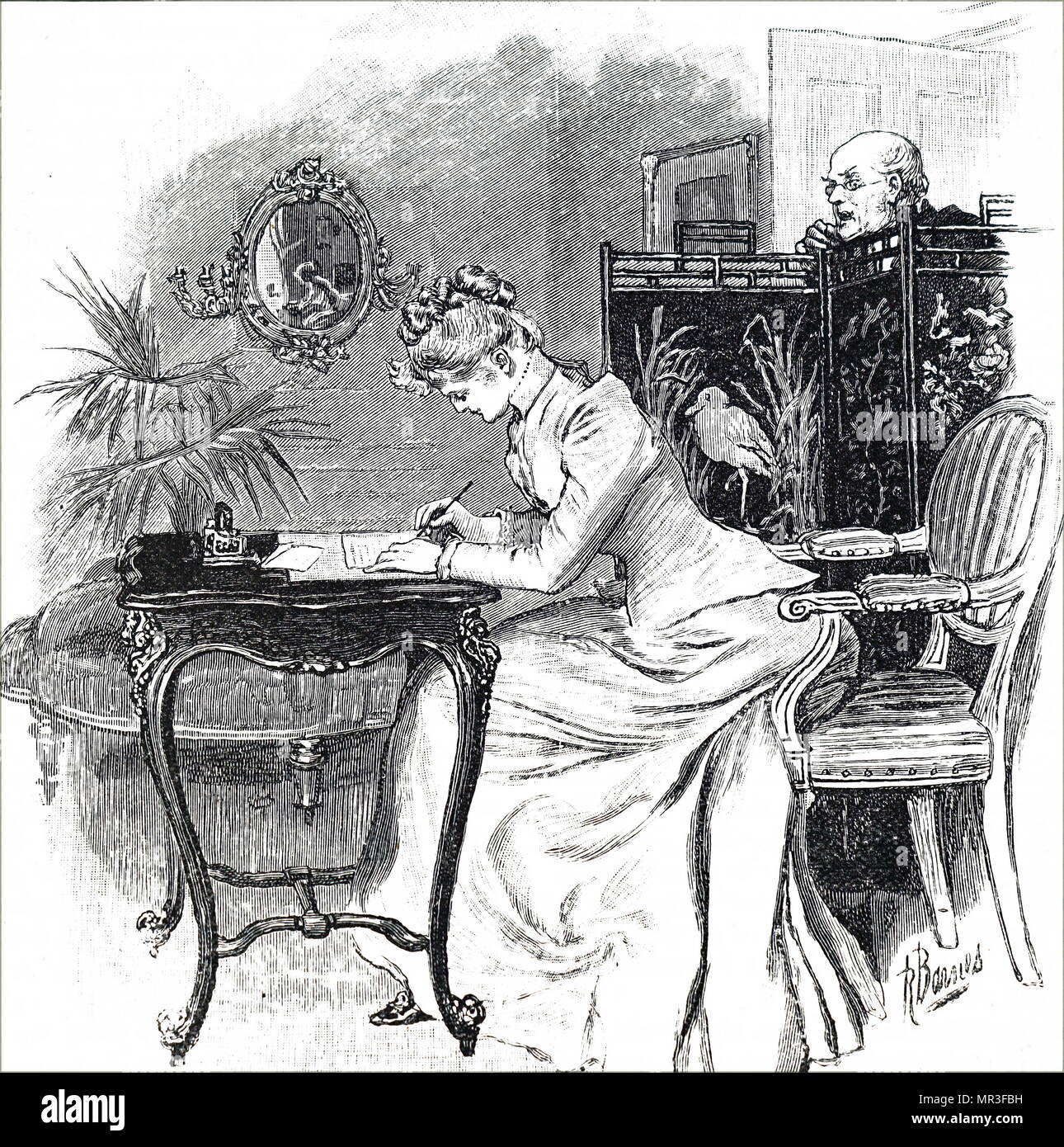 Abbildung: Darstellung einer Dame einen Brief schreiben, während ein älterer Mann Uhren hinter ihr. Vom 19. Jahrhundert Stockfoto