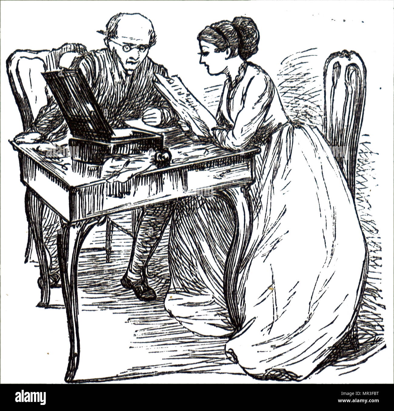 Abbildung zeigt eine junge Frau liest einen Brief, den Sie gerade zu ihrem Vater geschrieben hatte. Vom 19. Jahrhundert Stockfoto